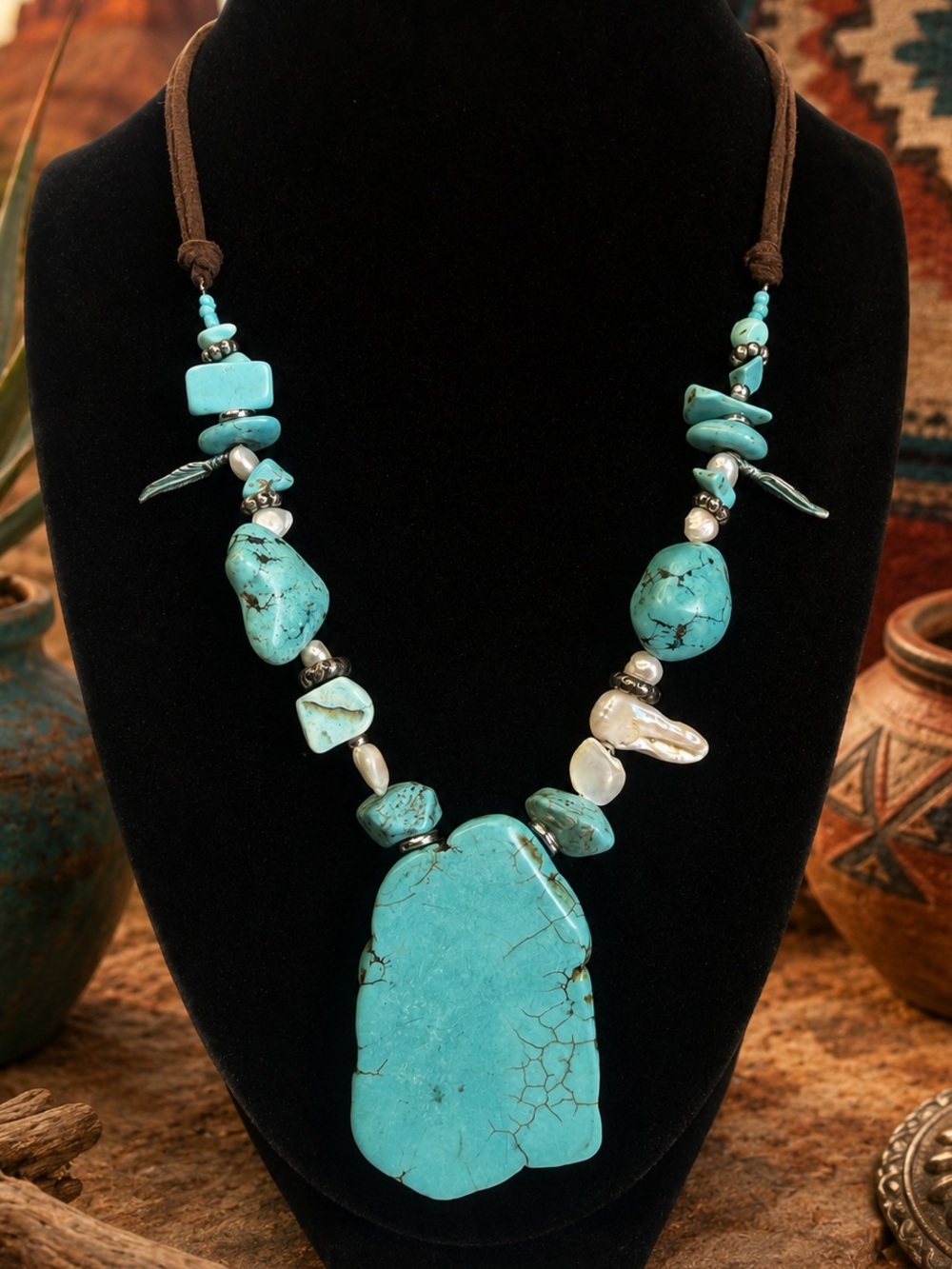 Laura Ashley Turquoise Pendant, Pearls & Metal Feathers Statement Necklace